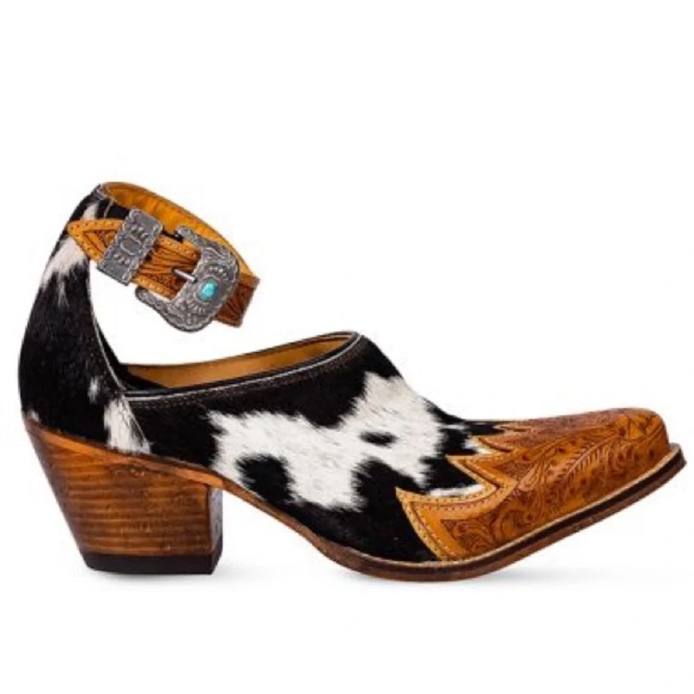 Hand-Tooled Leather strap Genuine Hide-On Women Bootie Boot Boho Western Shoe - Picture 6 of 16